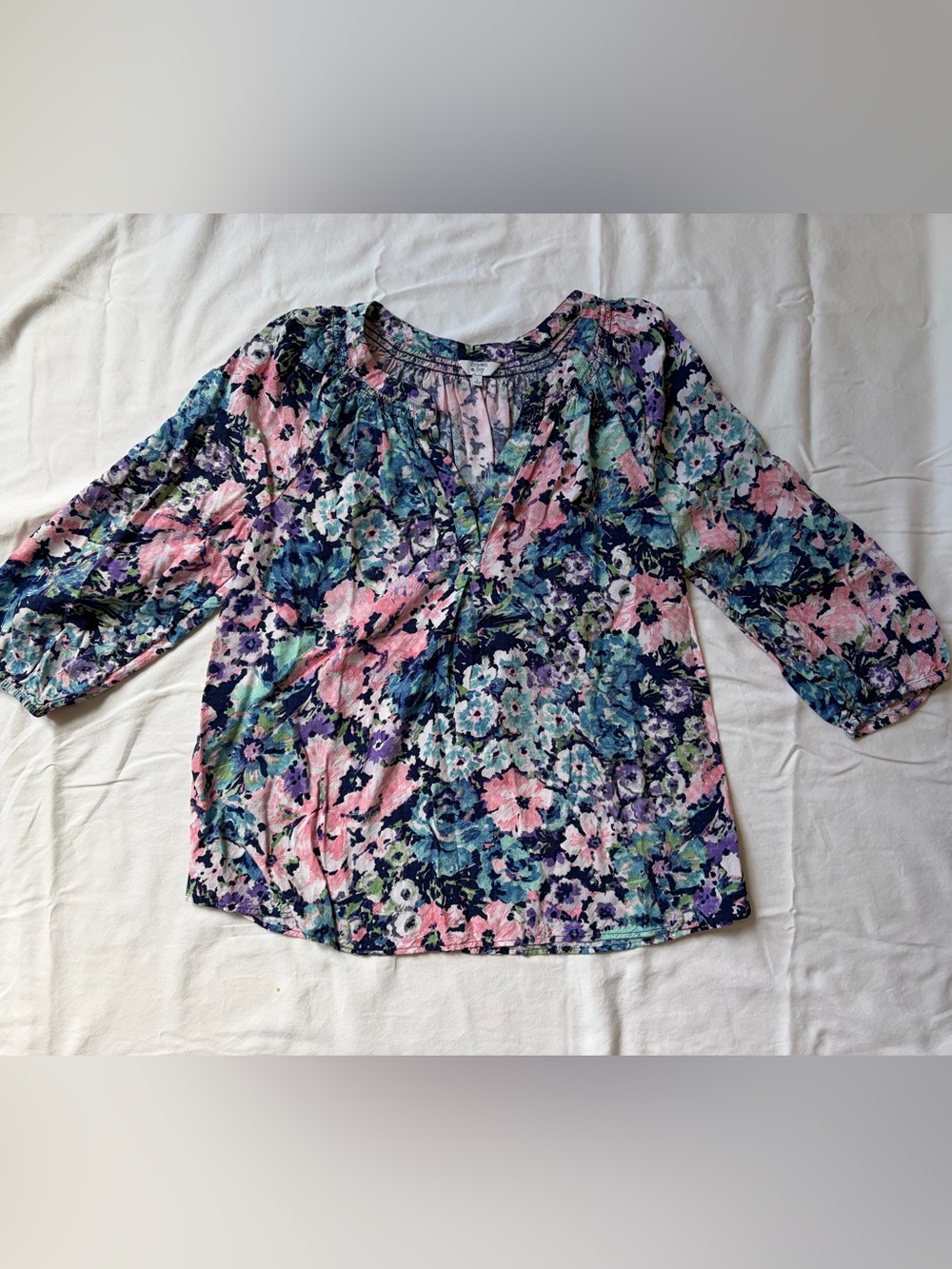crown & ivy Multicolor Floral V-Neck Blouse — Pink, Blue & Purple